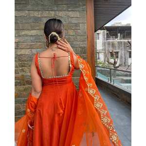 Ensemble haut, pantalon et dupatta coupe trapèze pour soirée, taille XL, en tissu mousseline avec bordure en dentelle à motifs de pièces de monnaie, taille naturelle - Product Image 4