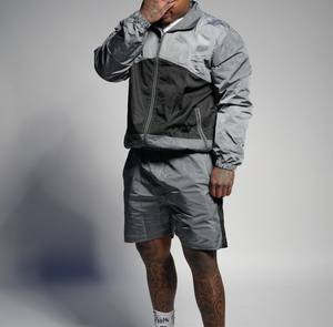 Conjunto corto de sudadera con capucha y cortavientos de bloques de color, personalizado, funcional, con cremallera, ligero, de nailon, para hombre, chándal de corte holgado, conjunto de verano. - Product Image 2