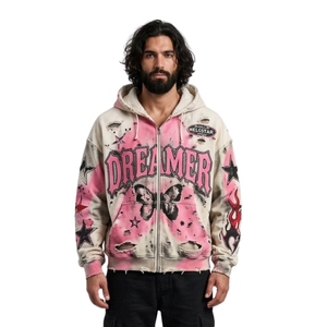 Sudadera con capucha de forro polar color rosa empolvado y crema, con estampado de mariposas premium, cierre frontal con cremallera, bolsillos laterales, capucha con cordón ajustable y hombros caídos, cálida. - Product Image 1