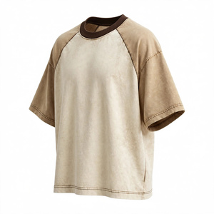 T-shirt Homme Grande Taille à Manches Raglan Oversize, Col Rond Contrastant avec Blocs de Couleurs Beige, 100% Coton, Style Streetwear Décontracté - Product Image 3