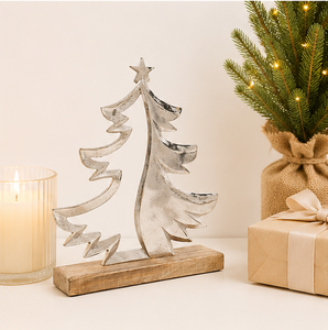 Handcrafted Silver Aluminum Christmas <b>Tree</b> Sculpture On Mango Wood Base Modern <b>Tabletop</b> Holiday Decor For Home And Office Decor - Product Image 6
