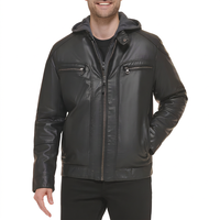 Veste d'hiver pour homme en toile de peau de mouton noire, à capuche, col montant, logo imprimé 3D sur le devant, fermeture éclair, coupe classique, couleur unie