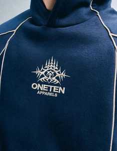 ONETEN APPARELS <b>Mens</b> Navy Oversized <b>Hoodie</b> Contrast Stitching Embroidered French Terry Pullover Sweatshirt Anti-Pilling Acid - Product Image 6