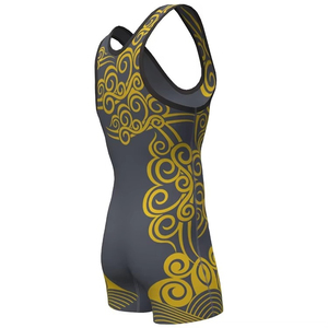 Singlet de Lucha Libre para Hombre, Color Gris Oscuro, Estampado Tribal Dorado, Ajustado, Spandex, Poliéster, 160g, Elástico, Diseño que Absorbe la Humedad, Deportes de Combate - Product Image 4