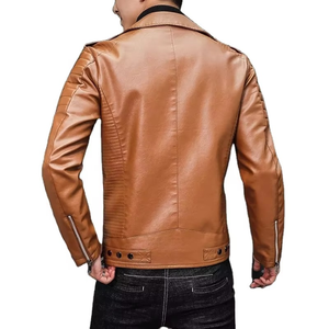 <b>Men</b> Tan Brown Biker <b>Leather</b> <b>Jacket</b> PU Faux <b>Leather</b> Motorcycle <b>Jacket</b> Ribbed Sleeve Slim Fit OEM Custom Streetwear Coat - Product Image 2