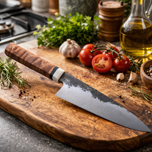 Cuchillo utilitario hecho a mano en acero con alto contenido de carbono, mango de resina, funda de cuero, ambidiestro, apto para lavavajillas, superficie de hoja martillada - Product Image 4