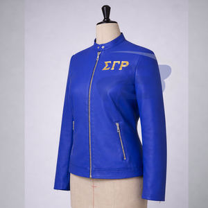 Chaqueta de cuero azul premium de la hermandad Sigma Gamma Rho con letras griegas para miembros de la hermandad y fraternidad SGR, chaqueta para mujer - Product Image 3