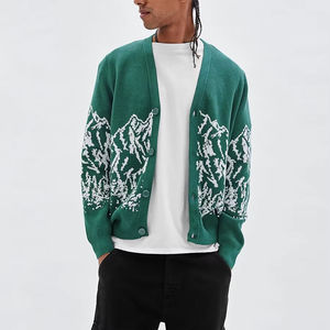 เสื้อคาร์ดิแกนผู้ชายแบบครอป แบรนด์ Nanteng Custom Wholesale รุ่นใหม่ล่าสุด ผ้าฝ้าย 100% ลายภูเขาแบบนามธรรม ชายเสื้อแบบริบ ติดกระดุม - Product Image 1