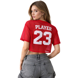 Camiseta deportiva de fútbol americano roja para mujer, de malla transparente, con letras personalizadas, corte holgado, hombros caídos, MOQ bajo, 100% poliéster - Product Image 3