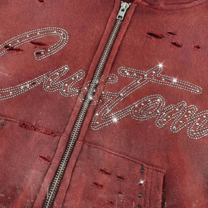 Custom Trend Rhinestone Polyester/Cotton Knitted Lined Oversized Winter Acid Wash Streetwear Distressed Embroidery <b>Hoodie</b> - Product Image 4