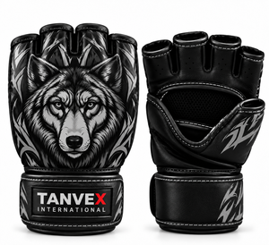 Gants de MMA TANVEX INTERNATIONAL en cuir, demi-doigts, fermeture Velcro, imprimé loup, équipement d'entraînement d'arts martiaux - Product Image 1