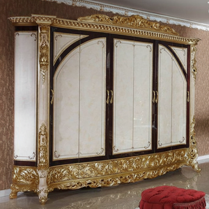 Armoire élégante en bois d'acajou de style baroque italien, grande armoire en bois sculpté à la main en or ivoire, meuble de chambre à coucher de luxe sur mesure - Product Image 6