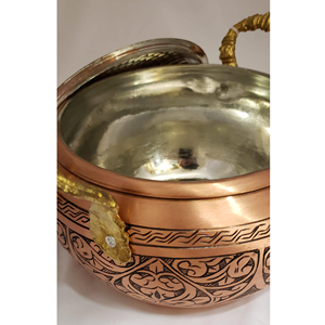 Marmite à soupe en cuivre pur de qualité supérieure avec couvercle, motif oriental gravé, double poignée, compatible gaz et induction, décorée par gravure - Product Image 4