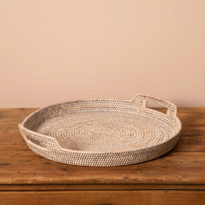 Plateau rond en rotin tressé avec poignées latérales intégrées et base incrustée de motifs de feuilles vertes, disponible à prix de gros. - Product Image 5