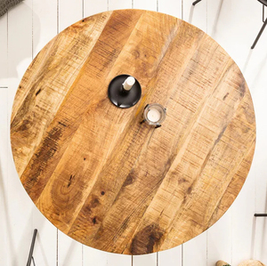 Table de salle à manger industrielle en bois de manguier massif, de taille compacte, de forme ronde, avec plateau à grain naturel et base en métal, pour restaurant et cuisine - Product Image 6