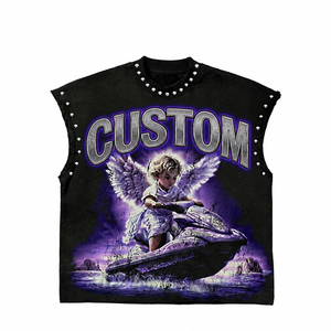 Débardeur en coton épais personnalisé, délavé vintage, avec imprimé graphique Grim Reaper clouté, style streetwear, sans manches, vierge - Product Image 1