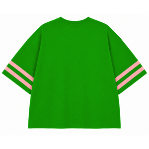 Alfa |   Kapa |   Camiseta Alpha para Mujer con Pedrería Brillante, Letras Griegas Verdes y Rosas, Cuello Redondo, Manga a Rayas y Diseño Gráfico - Product Image 4