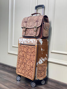 Conjunto de maletín y equipaje de cuero con herramientas manuales de alta calidad, bolsos con ruedas florales occidentales con combinación de maleta de viaje Vintage de piel de vaca - Product Image 2