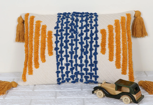 Hand Tufted Texture Boho Ivory and Blue Fringe Cushion Cover Handmade Decorative <b>Pillow</b> <b>Case</b> for Sofa Bedroom Living Room Home - Product Image 4