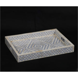 Plateau rectangulaire de décoration d'intérieur moderne de luxe, beige, incrustation d'os, motif géométrique floral traditionnel, artisanal, poli - Product Image 6