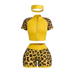 Custom Women Leopard Print 3 Piece <b>Short</b> Set Zip Front Crop Top Biker <b>Shorts</b> Headband Tracksuit Casual Summer Slim Fit - Product Image 3