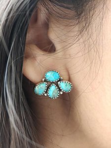 Turquoise Sterling <b>Silver</b> <b>Stud</b> Earrings Handmade Western Petal Design Jewelry for Women - Product Image 2