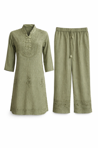 Conjunto de Dos Piezas de Viscosa Bordada para Mujer, Top y Pantalones Casuales con Cuello en V, Fabricante - Product Image 2