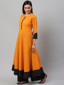 Kurta Anarkali de Algodón Sólido Color Mostaza para Mujer con Cuello Redondo y Mangas Tres Cuartos, Diseñada para Uso Casual Étnico Global - Product Image 2