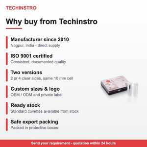 คิวเวตต์ควอตซ์เกรดออปติคอล TECHINSTRO ขนาด 10 มม. ทางเดินแสง 3.5 มล. ผนังเชื่อมติดแบบใสสี่ด้านหรือสองด้าน ช่วงความยาวคลื่น 190-2500 นาโนเมตร มีบริการ OEM - Product Image 4