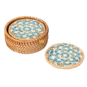 ชุดจานรองแก้วหวายทรงกลมถักมือพร้อมแผ่นรองแก้วและแผ่นรองเครื่องดื่มแบบฝังมุก - Product Image 1