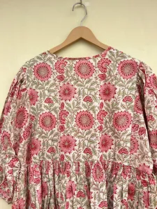 Boho Chic <b>White</b> Pink Hand Block Floral Print Loose Cotton Midi Dress With Tie-Neck Short Sleeve Boho Casual Dress For Women - Product Image 3
