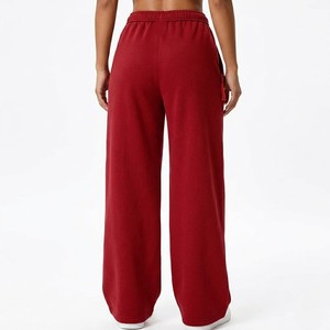 Pantalon large rouge de qualité supérieure pour femme, taille élastique avec cordon de serrage, coupe décontractée, doux et fluide, vêtement décontracté, personnalisable OEM - Product Image 2
