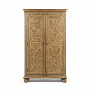Premium Quality Hand Carved Solid Wood Double Door <b>Wardrobe</b> with Majestic Branches Panel Design for Bedroom at Export Price - Product Image 2