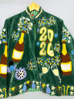 Blouson Bomber en Velours Vert, Broderie Épaisse, Tissé Uni, Fermeture Éclair, Col Montant, Vêtement d'Hiver, 100% Polyester, 1000g