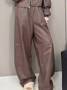 Nouveau pantalon décontracté pour femme automne, style streetwear, en cuir véritable de mouton, taille haute élastique, pantalon large tendance pour femme - Product Image 3