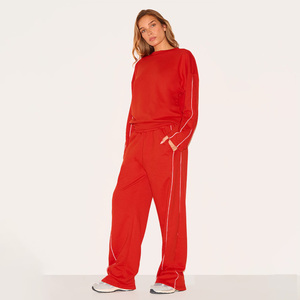 Women's Red Full Sleeve Tracksuit <b>Set</b> Crew Neck Loose Fit Solid Color Casual <b>Lounge</b> Wear With Side Pockets - Product Image 1