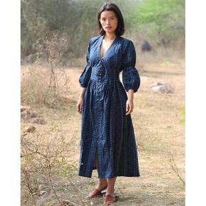 Vestido Maxi Bohemio Estampado para Mujer, 100% Algodón Ecológico, con Mangas Abullonadas, Botones Delanteros, Cuello en V, Dobladillo Acampanado, Cinturón y Borlas - Product Image 2