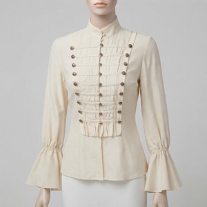 Women Vintage Stand Collar Velvet Blouse <b>Long</b> Bell <b>Sleeve</b> Ruched Button Front <b>Sheer</b> Layer <b>Top</b> - Product Image 1