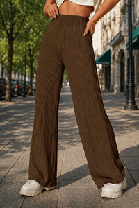<span class=keywords><strong>Pantaloni</strong></span> Larghi da Donna <span class=keywords><strong>a</strong></span> Vita Alta Elasticizzata, in Tessuto <span class=keywords><strong>a</strong></span> Costine, Marrone, Vestibilità Ampia, Lunghezza Intera, Casual, Estivi, Streetwear - Product Image 4
