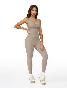 <b>Seamless</b> Yoga Set 2 Piece High Waist Crop Top & <b>Leggings</b> Solid Color Twist Design Halter Neck Sport Wear for Women - Product Image 2