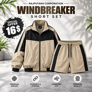 Conjunto corto cortavientos para hombre, de ajuste holgado, hombros caídos, dos piezas, con cremallera, cintura con cordón, impermeable, manga larga - Product Image 1