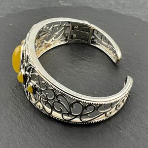 Bracelet manchette articulé floral en argent sterling massif, orné de quartzite jaune jade vintage, bijou artisanal en pierres précieuses - Product Image 2