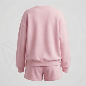 Ensemble de survêtement 2 pièces rose pour femme, col rond, manches longues, motif vague brodé, coupe ample, short décontracté au-dessus du genou en polaire - Product Image 2