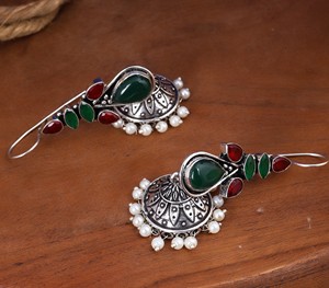 Trusted Supplier Bohemian Ethnic Water <b>Drop</b> Dangle Jhumka <b>Earrings</b> Bezel Setting Brass Antique Silver-Plated Jade <b>Red</b> Stones - Product Image 5