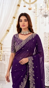 AARA Fashion <b>Purple</b> Silk <b>Saree</b> Gold Embroidery Sun Protection for Wedding Women Elegant Floor Length Regular Fit India Pakistan - Product Image 2