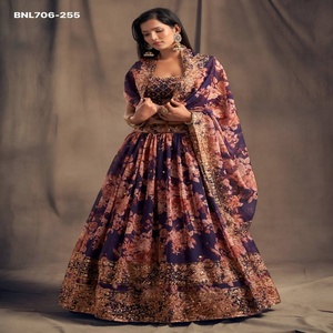 Gorgeous Looking Organza with Floral Print-<b>Sequins</b> & Zari Embroidered <b>Flared</b> Purple Lehenga-Choli Set Indian Supplier - Product Image 1