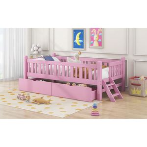 Letto a piattaforma in legno rosa per bambini, singolo, con sponda di sicurezza e 2 cassetti - Product Image 5
