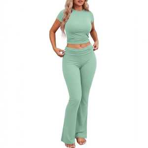 Women's 2 Piece Crop Top & High Waist <b>Flare</b> <b>Leggings</b> Set Short Sleeve Fitted Yoga Lounge Wear Solid Color Breathable - Product Image 2