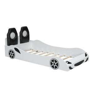 Letto a piattaforma a forma di auto da corsa bianco per bambini, con luci LED e schienale imbottito, struttura in legno - Product Image 5