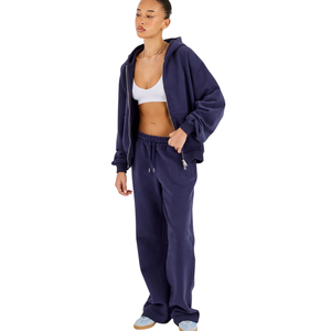 <b>Womens</b> Relaxed Full Zip Hooded Tracksuit Set <b>Long</b> Sleeve <b>Top</b> Straight Leg Trousers Drawstring Waist 2 Piece Casual Lounge Outfit - Product Image 1
